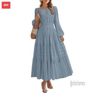 Long Sleeve V Neck Maxi Dress with Pockets Elastic Waist Lightweight